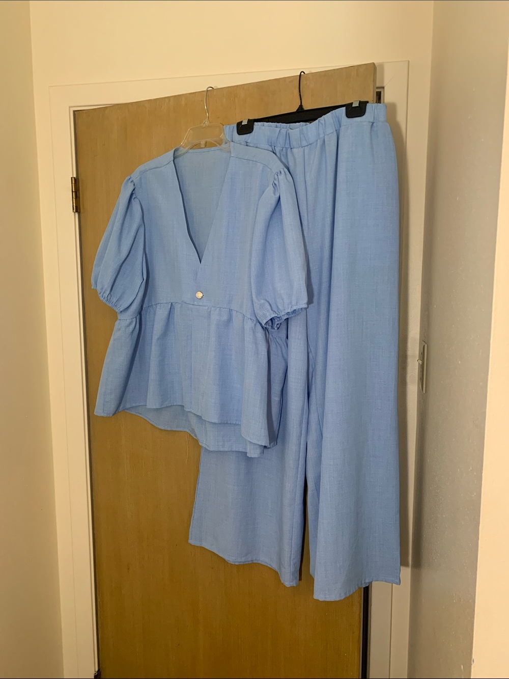XXL Blue Women's 2-Piece Set - Puff Sleeve Top & Wide Leg Pants